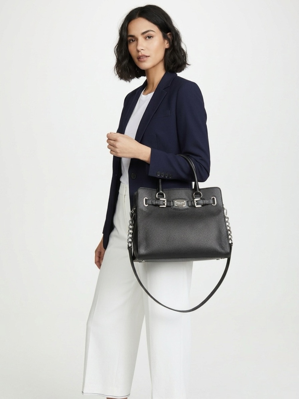 Michael Kors Black Satchel Shoulder Bag Silver Hardware Buckle Tote Vintage